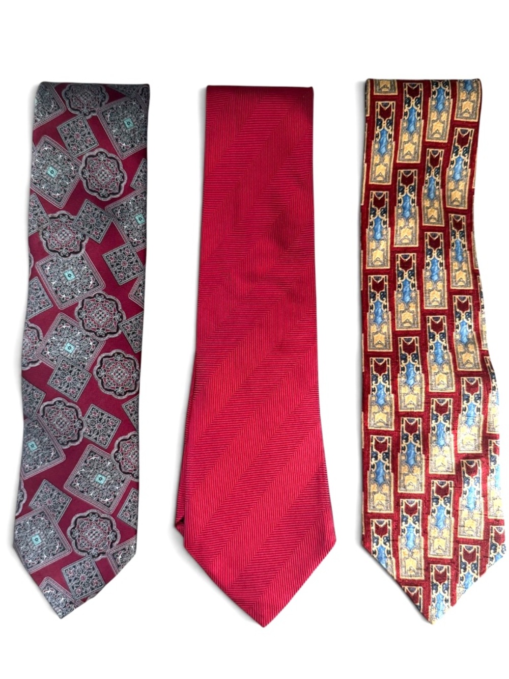 Ermenegildo Zegna Silk Ties Lot of 3 Burgundy Red Geometric Herringbone Italy